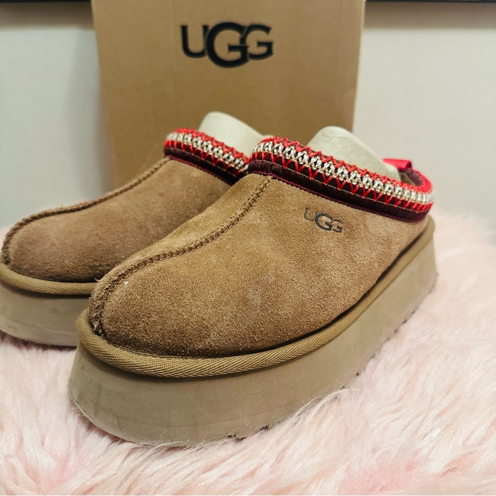 UGG Tan Suede Slippers with Red Patterned Trim